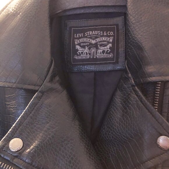 LEVI’S MOTO JACKET PYTHON SNAKESKIN FAUX-LEATHER BELTED HEM INDIGO BLUE M NWT - Picture 4 of 12